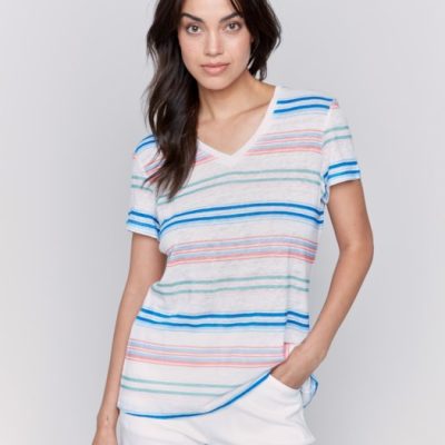 Charlie B W's Printed Short Sleeve V-Neck Linen T-Shirt