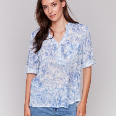 Charlie B W's Printed Cotton Gauze Half-Button Blouse