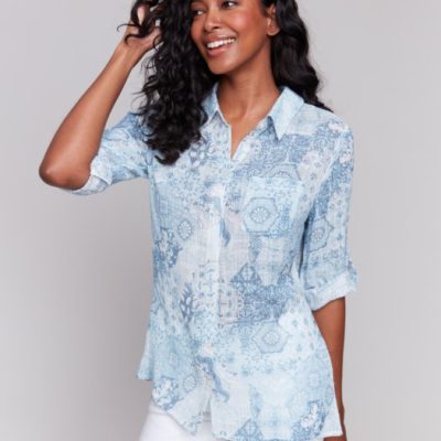 Charlie B Wet Printed Roll Up Sleeve Blouse